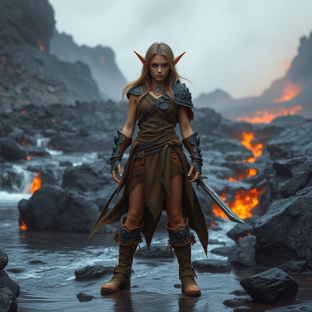 Lava Elf Warrior Near Volcano