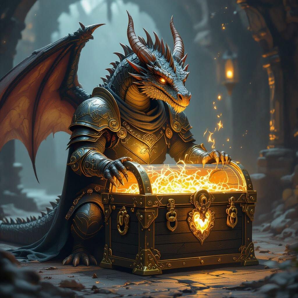 Armored Dragon Guarding Magical Chest