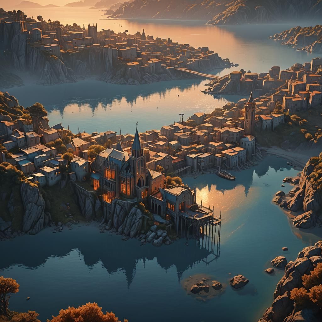 Gothic Sunset Over Serene Bay: Concept Art