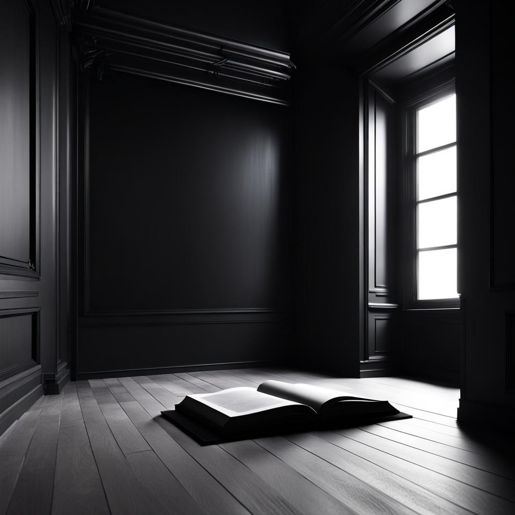 Hyperrealistic Black Book in Minimalist Black Room