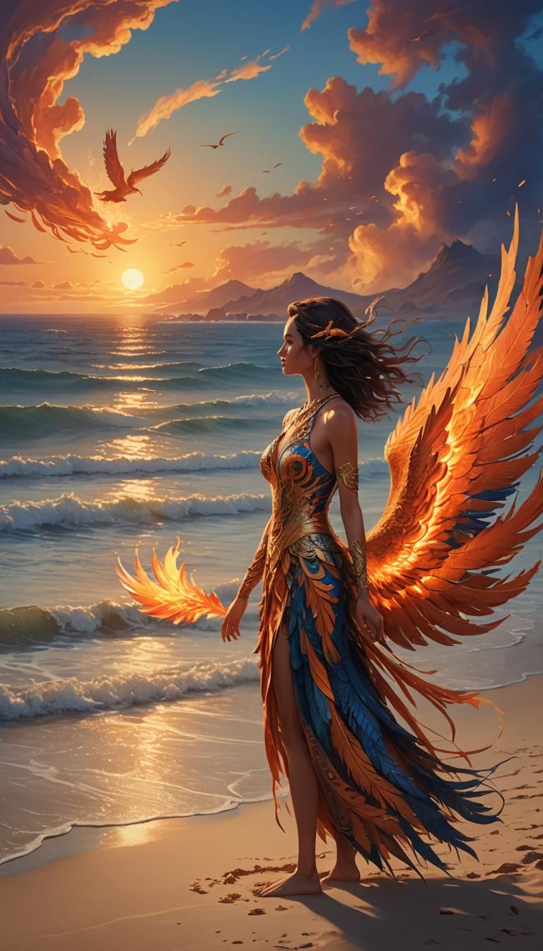 Woman and Phoenix on Beach: Fantasy Art