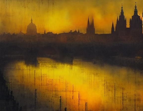 Sunset Over Praha Bridge in Watercolor Style