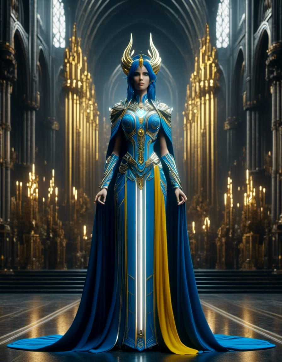 Animated 2D Symmetrical female, priestess, in cathedral, blue, yellow with white 8K resolution <lora:Multi-Genre Fusion:...