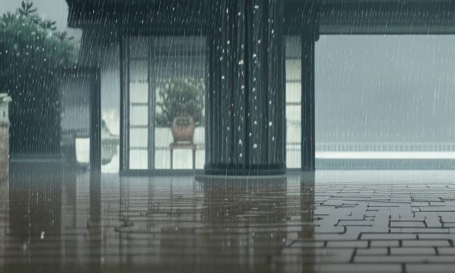 Worms-eyeview of Rain drops falling into puddles in a dojo courtyard.