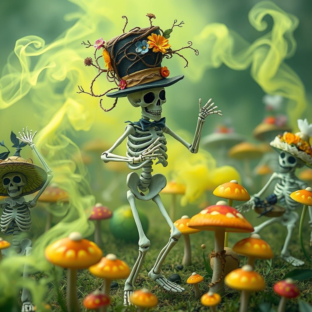 Dancing Skeleton in Graveyard, Whimsical Style