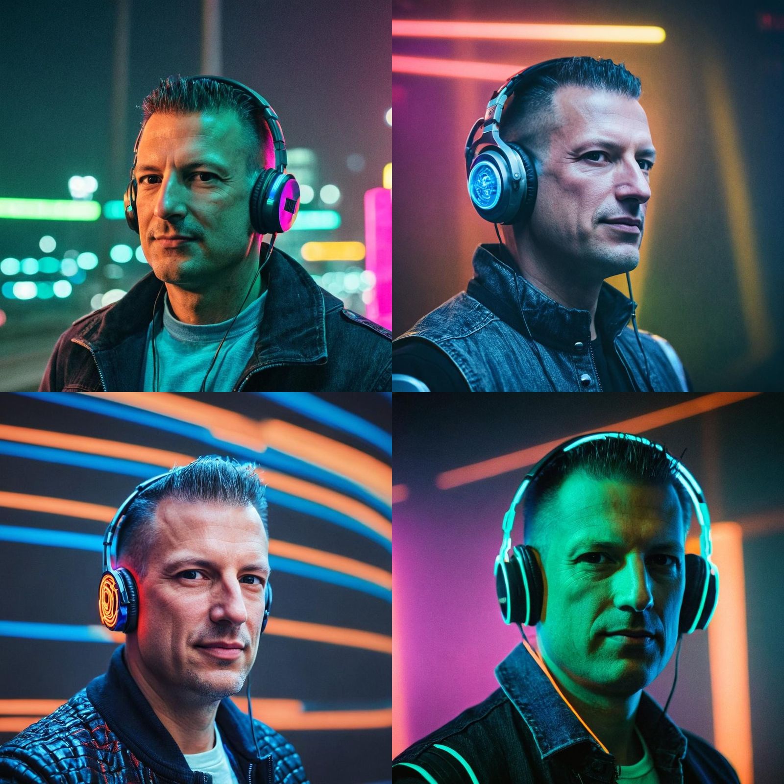 ein Roboter mit coolen leuchtenden Kopfhörer<Subject> , moti...