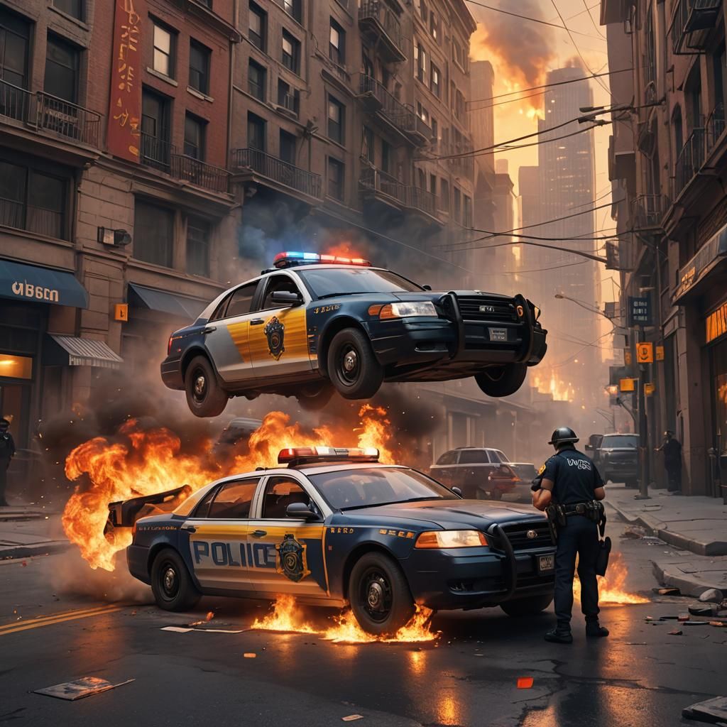 Police car suped up flames from exhaust, police woman tight uniform, gunfire, sunset,