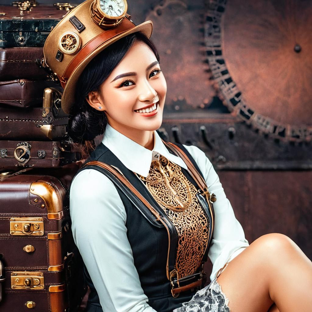 Steampunk Girl with Suitcase in Golden Light
