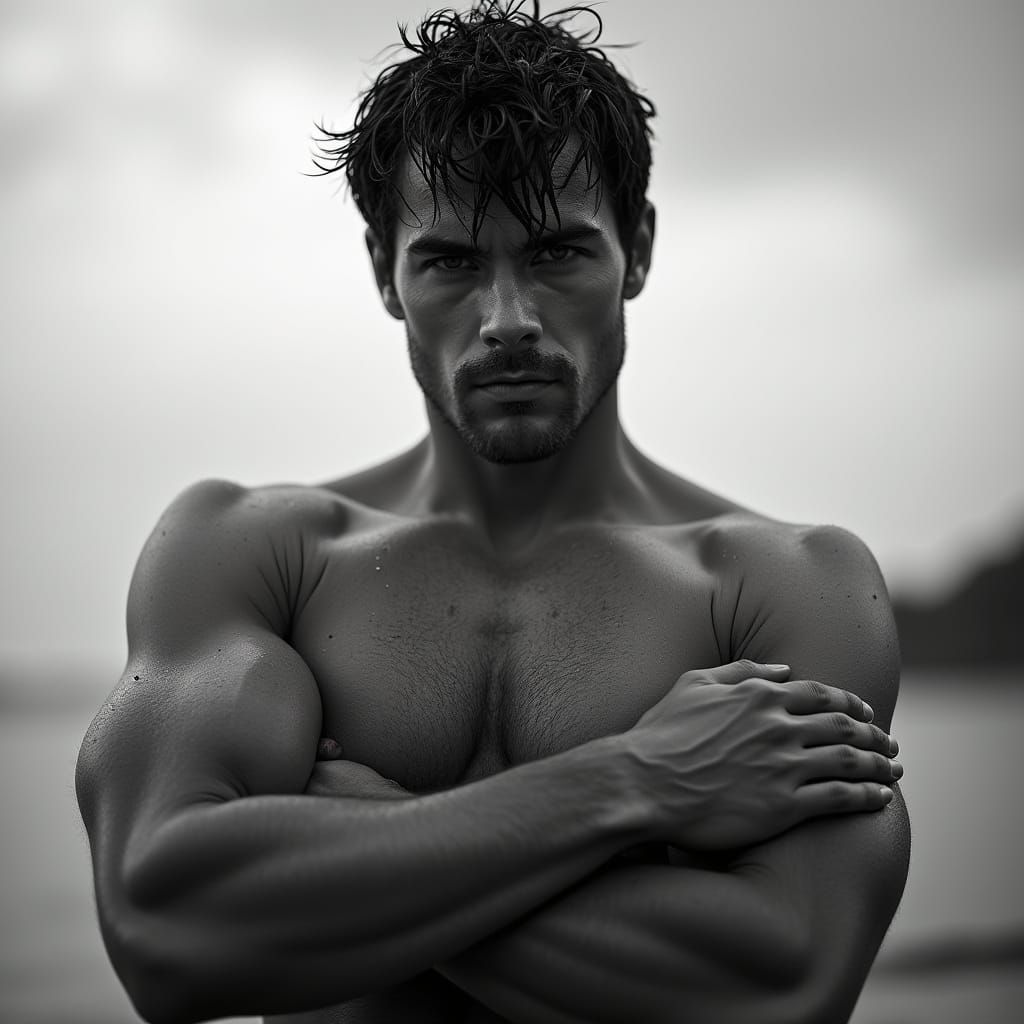 Intense Black and White Portrait of Muscular Man