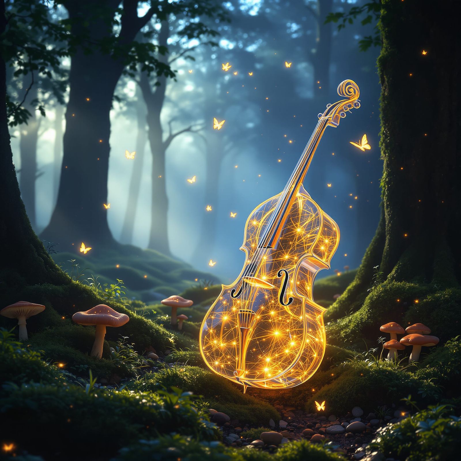 Glowing Glass Cello in Enchanted Forest Twilight