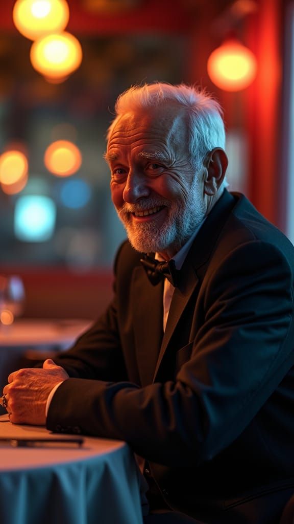 Elderly Man's Enigmatic Smile in Hyper-Realistic Style