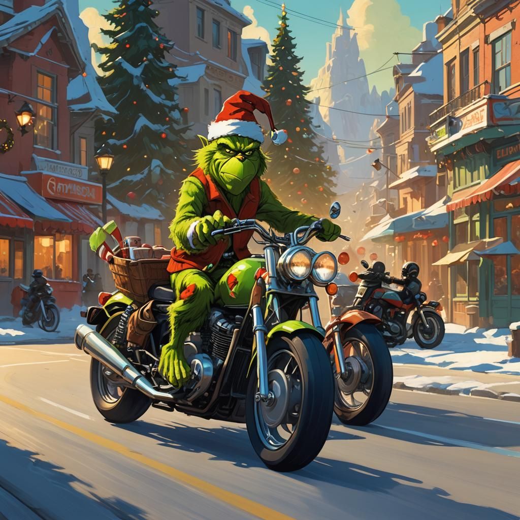 Grinch Cruises Down Winding Road on Cafe Racer Motorcycle in...