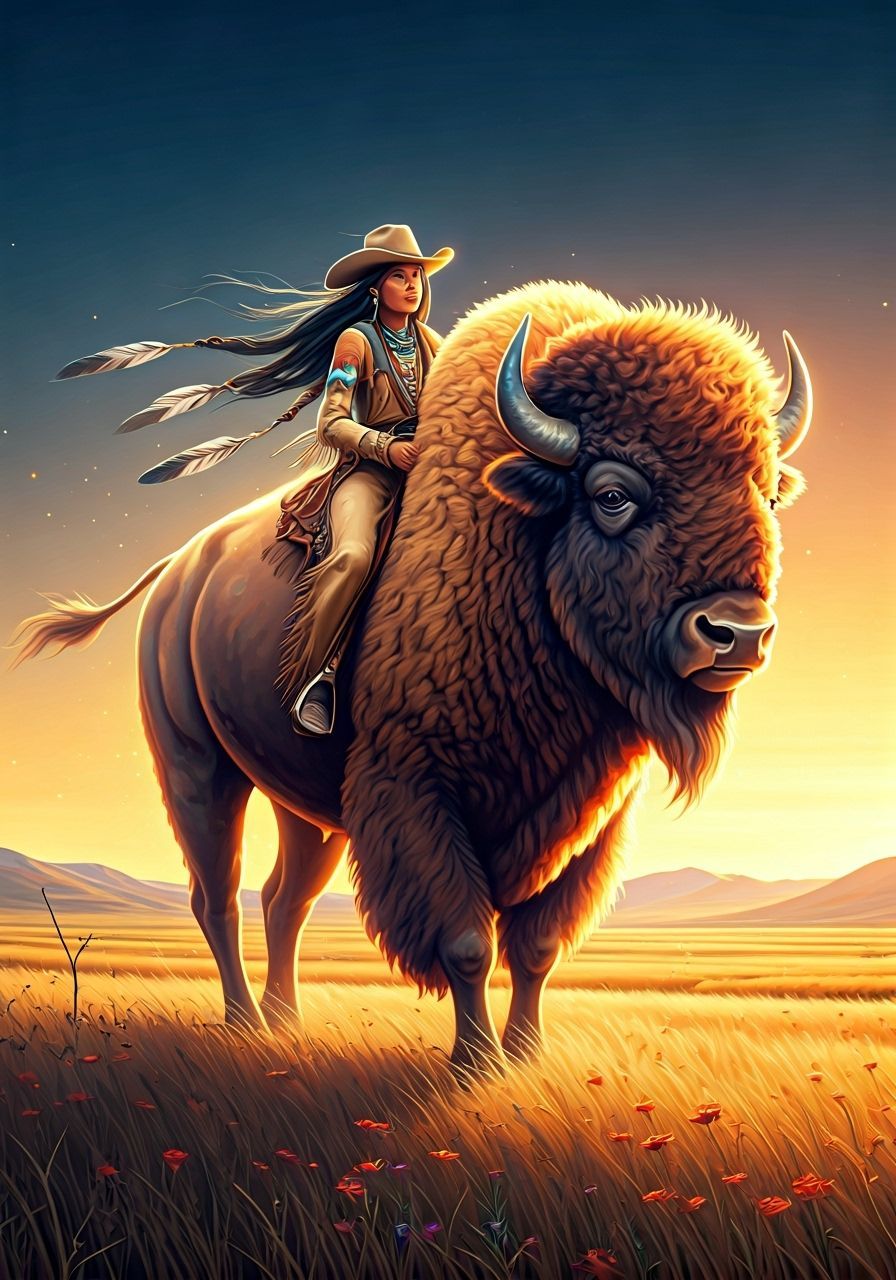 Native American Cowgirl Rides Spirit Bison Across Golden Pla...
