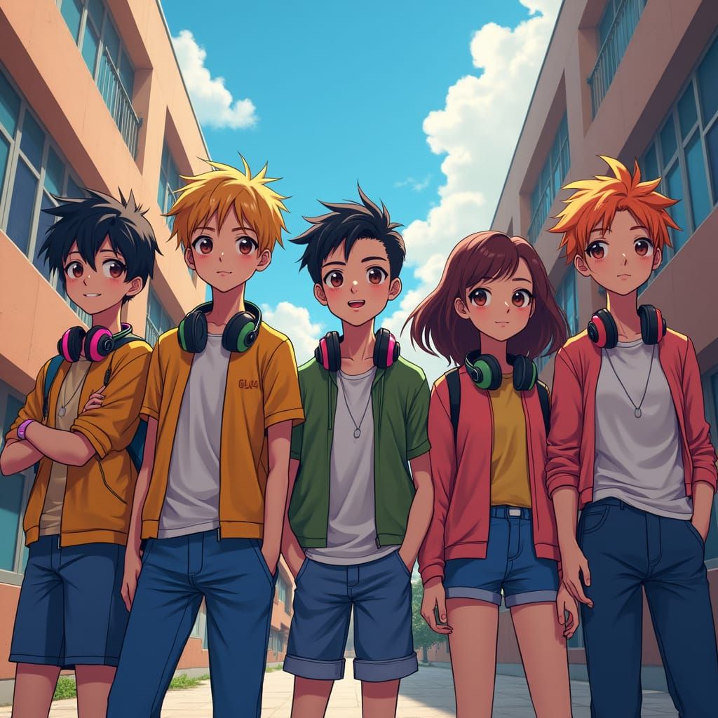Teenagers in Anime Style College Scene