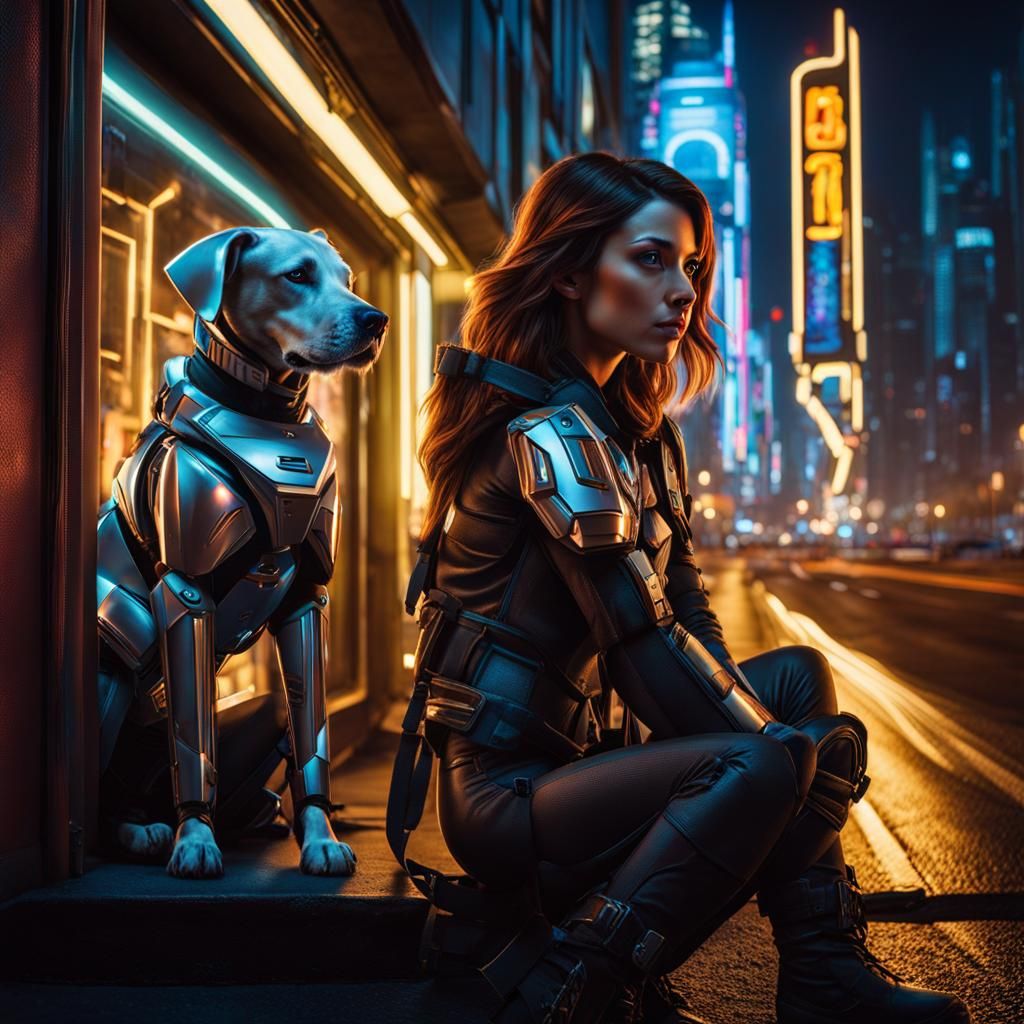 Night Window Scene with Woman and Dog