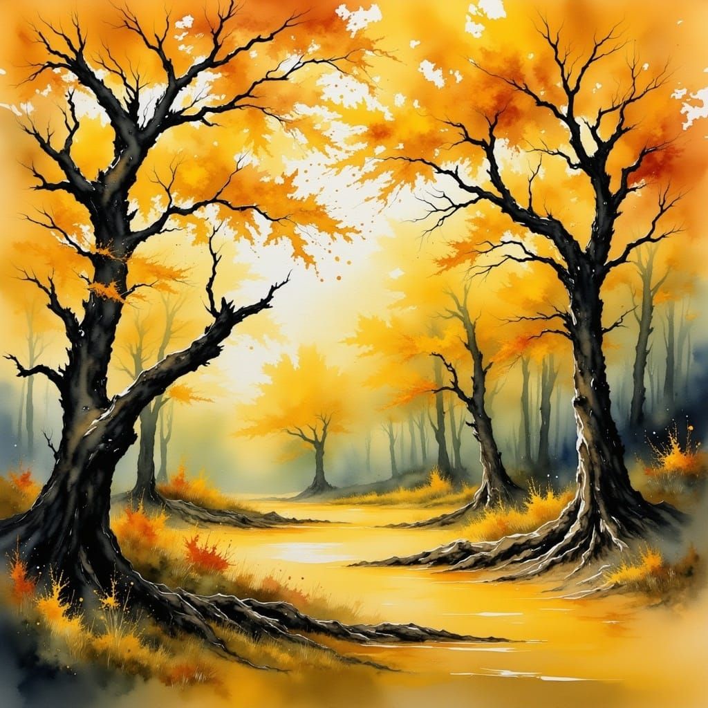 Golden Autumn Landscape in Impressionistic Style
