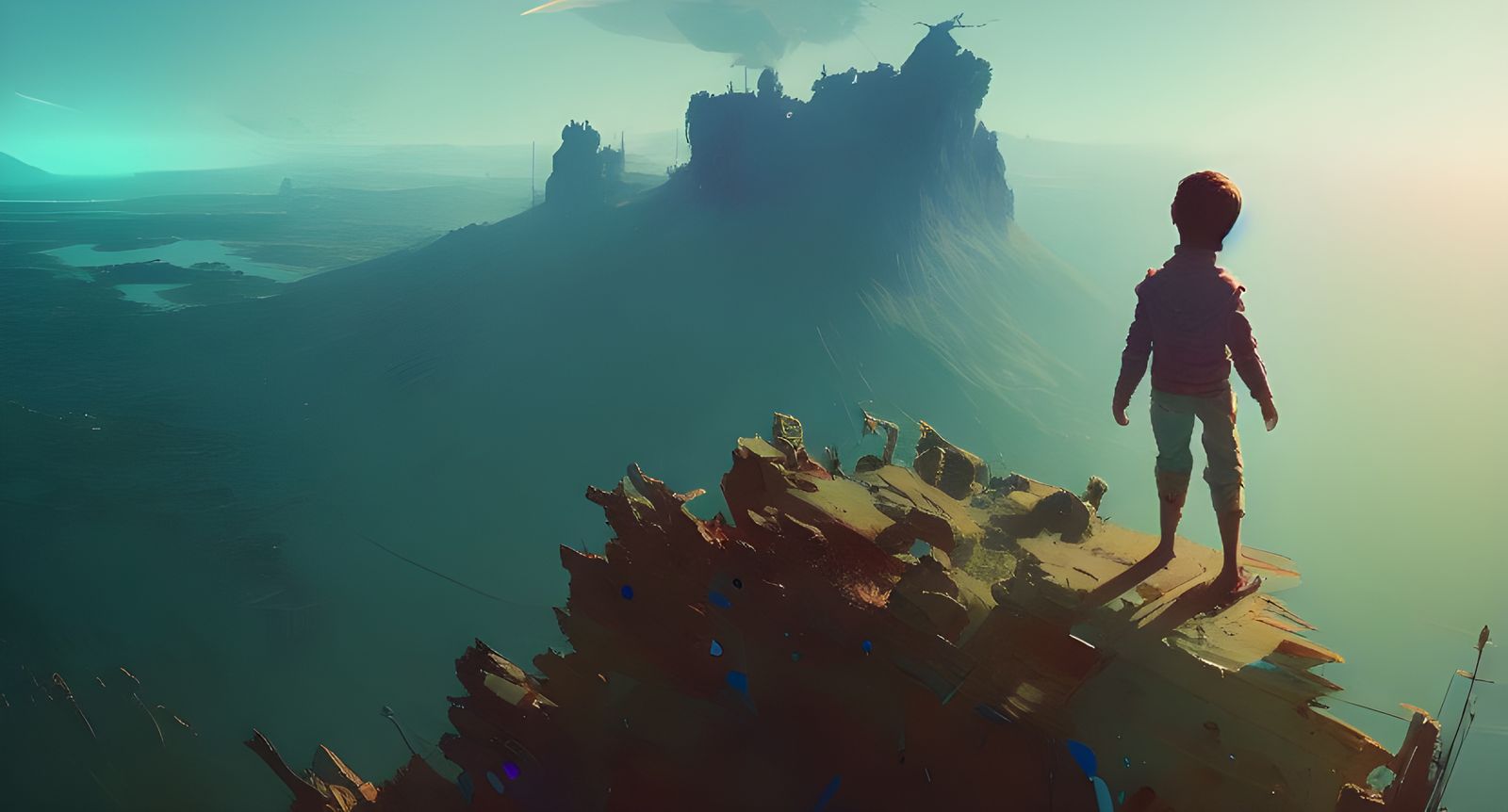 Boy on Cliff: Digital Illustration in Vibrant Colors