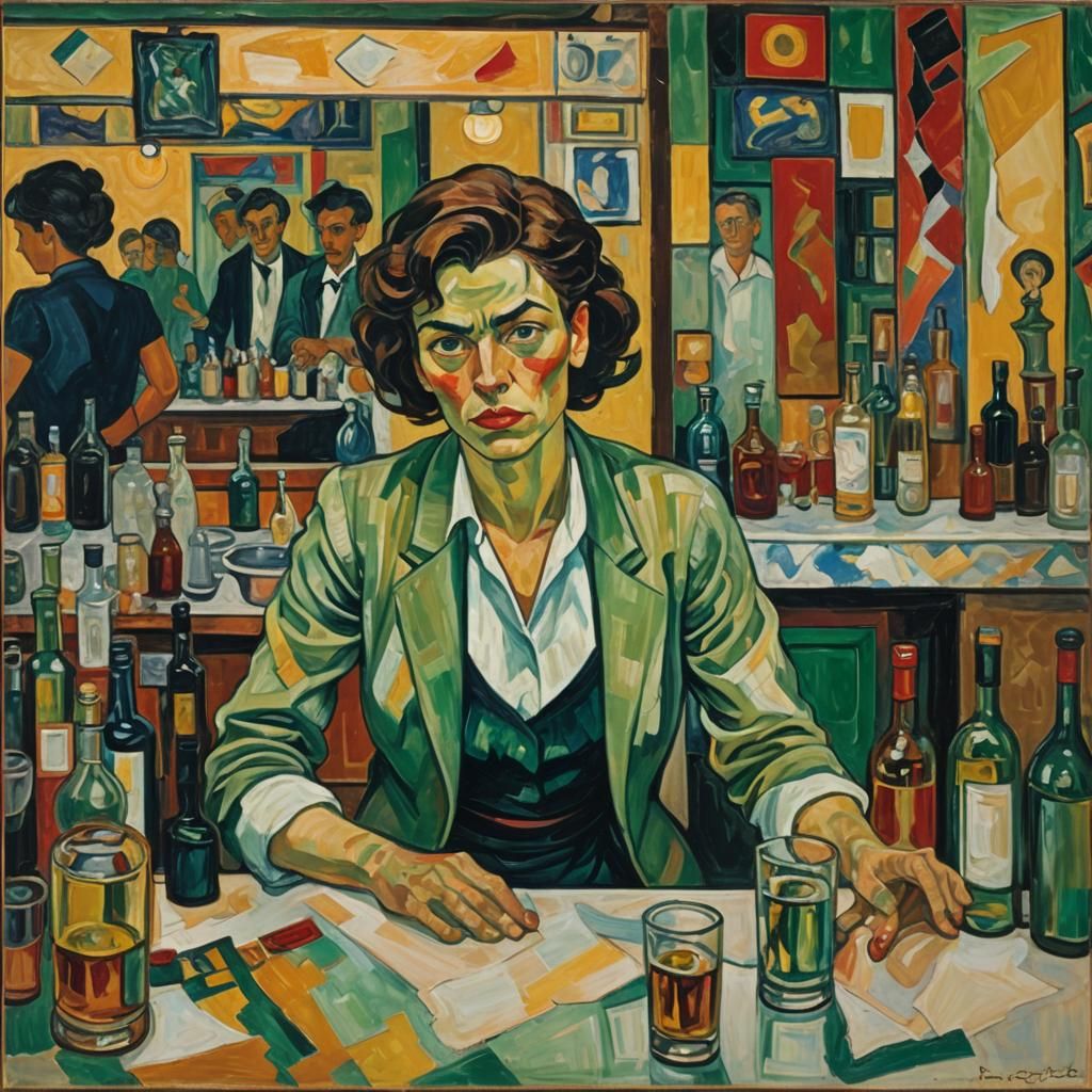 Expressionist Bartender Scene with Bold Colors