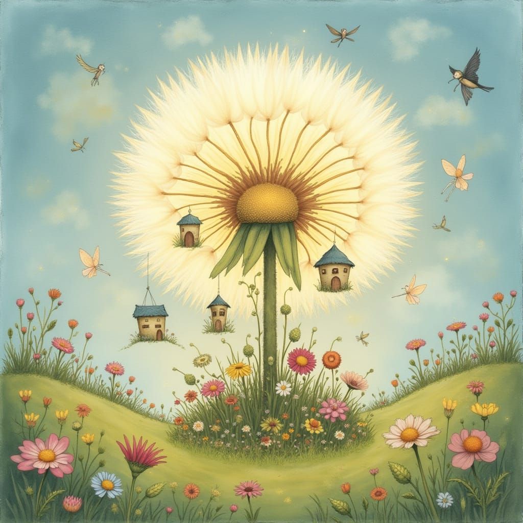 Fairy Village in Dandelion, Watercolor Art in Pastel Colors
