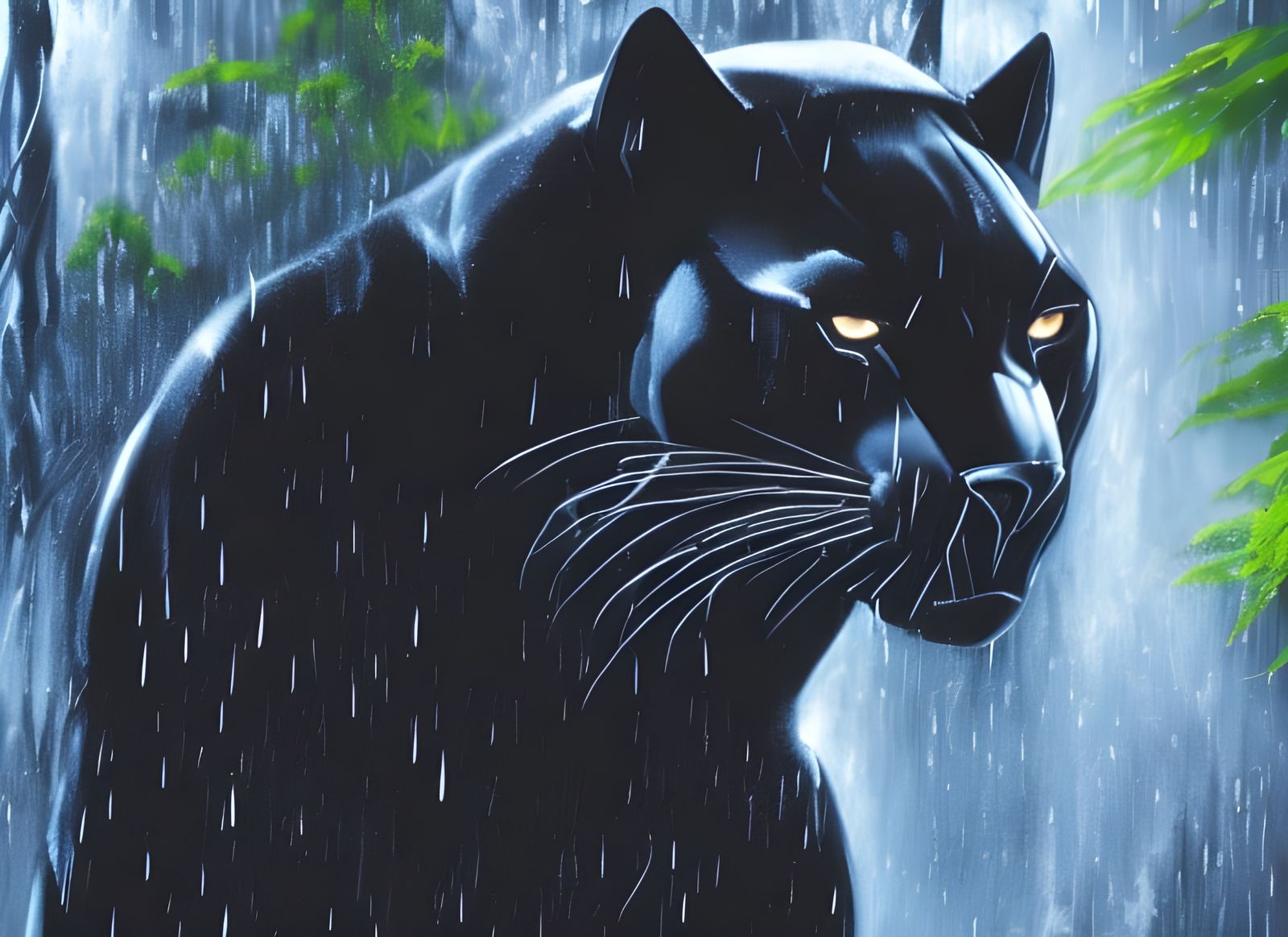 Black Panther in Rainy Forest with Waterfall