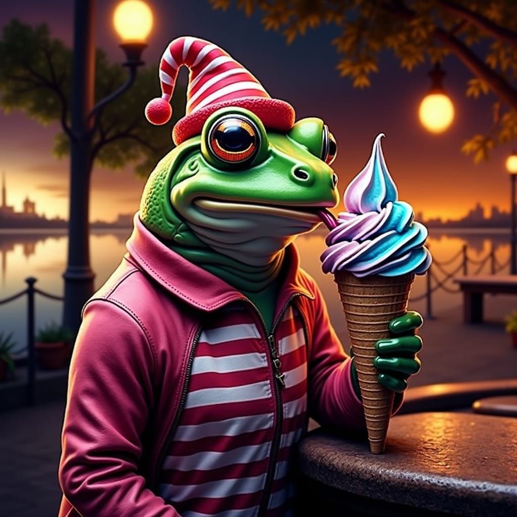 A frog eating some ice cream