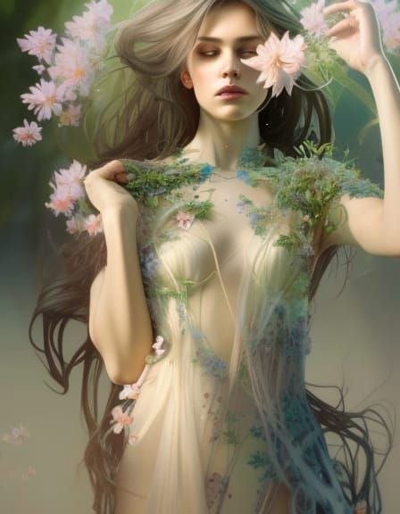 Fantasy Woman Portrait with Flowers in Forest