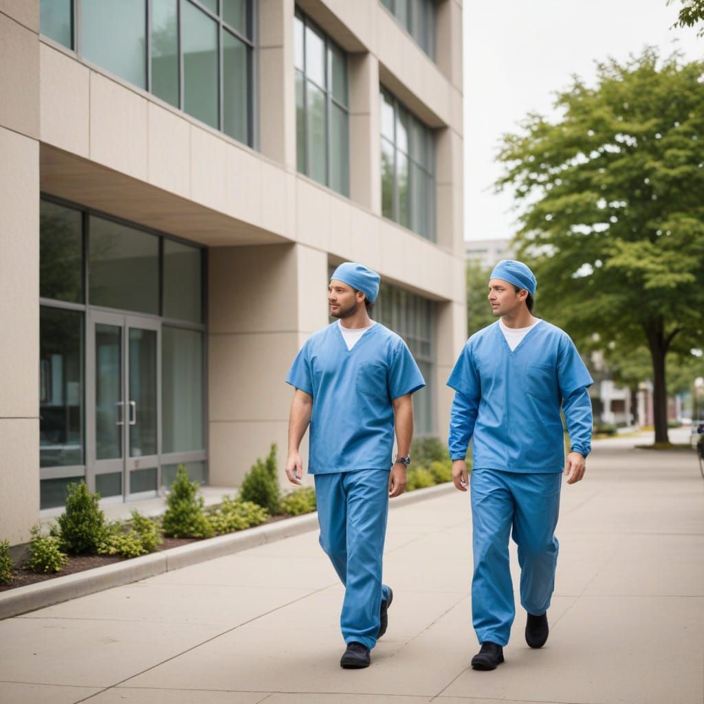 Surreal Physicians Stroll in Front of Urban Landscape