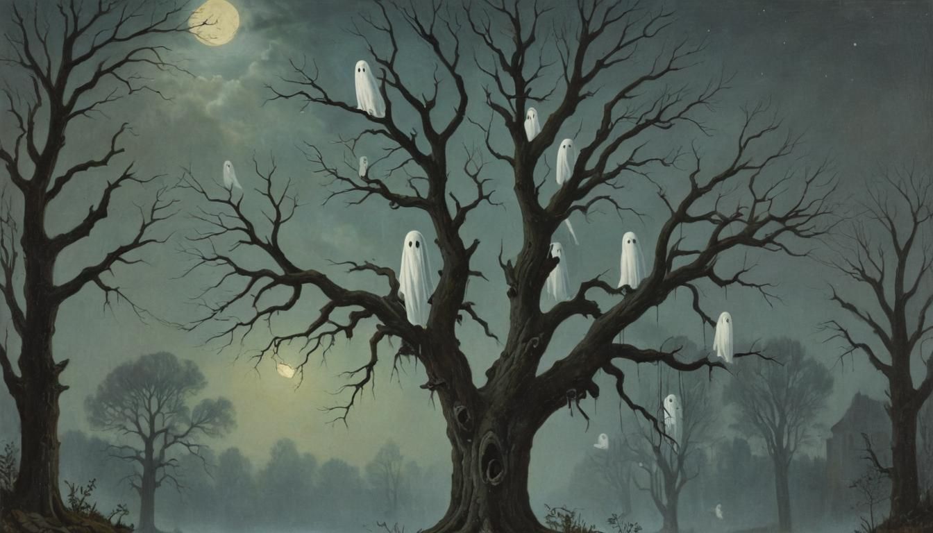 Eerie Ghosts Emerge from Tree in Surreal Oil Painting