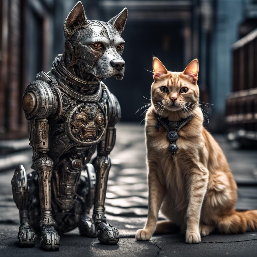 Cat and Dog Humanoids Teamwork in Hyperrealistic Style