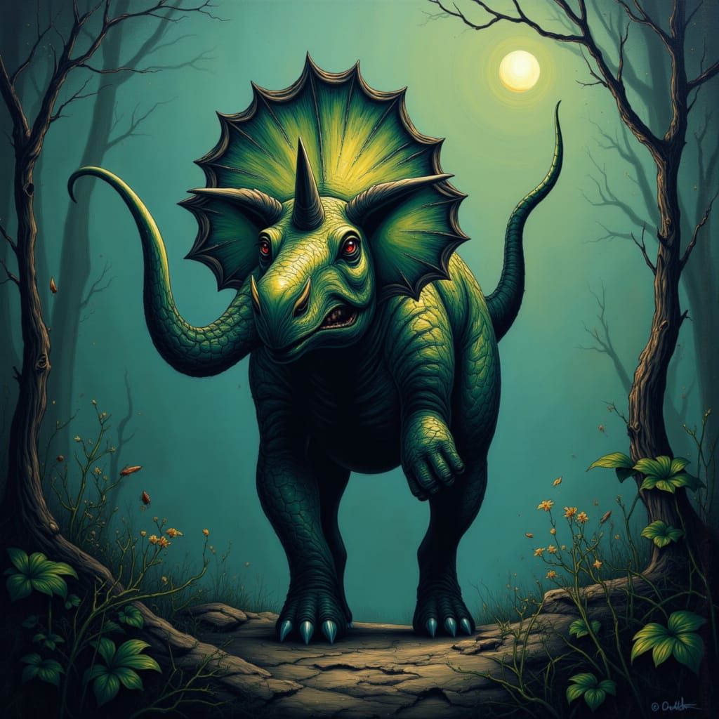 Triceratops in Bioluminescent Jungle, Photorealistic Renderi...