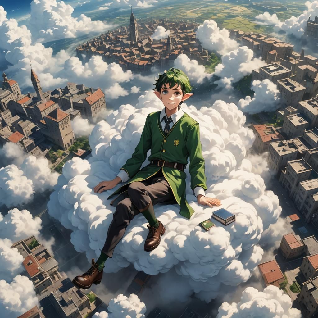 Elf Teenager Basking on Cloud, Anime Style