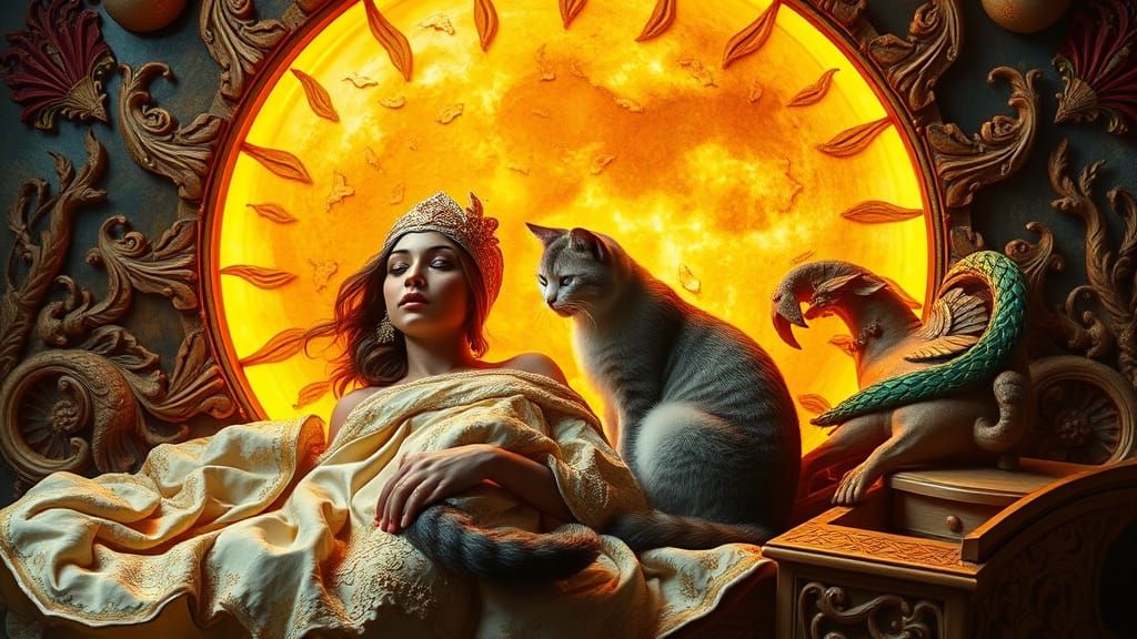 Woman and Cat in Surreal Sun and Moon Bed