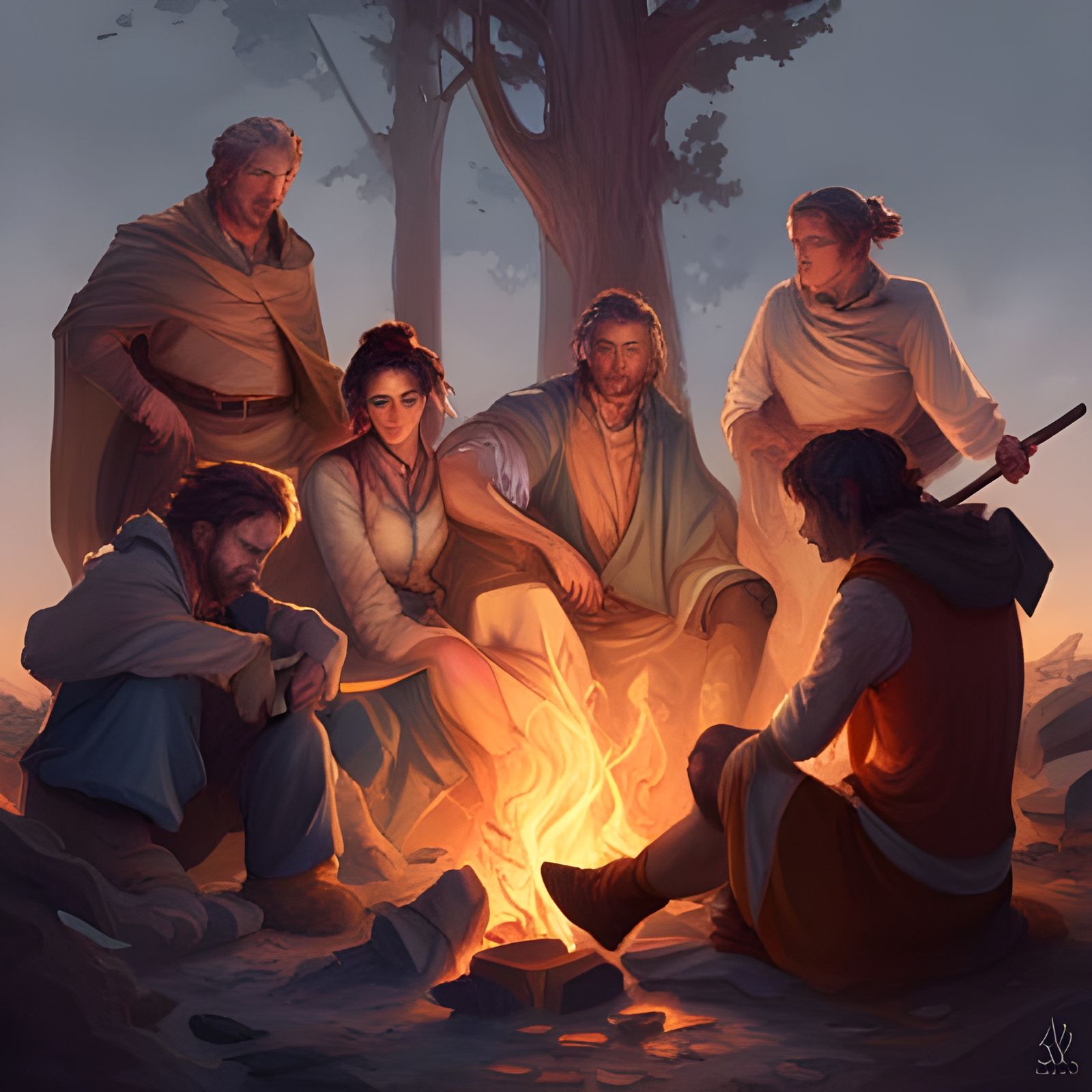 Epic Fantasy Adventurers Gather Around a Dynamic Campfire
