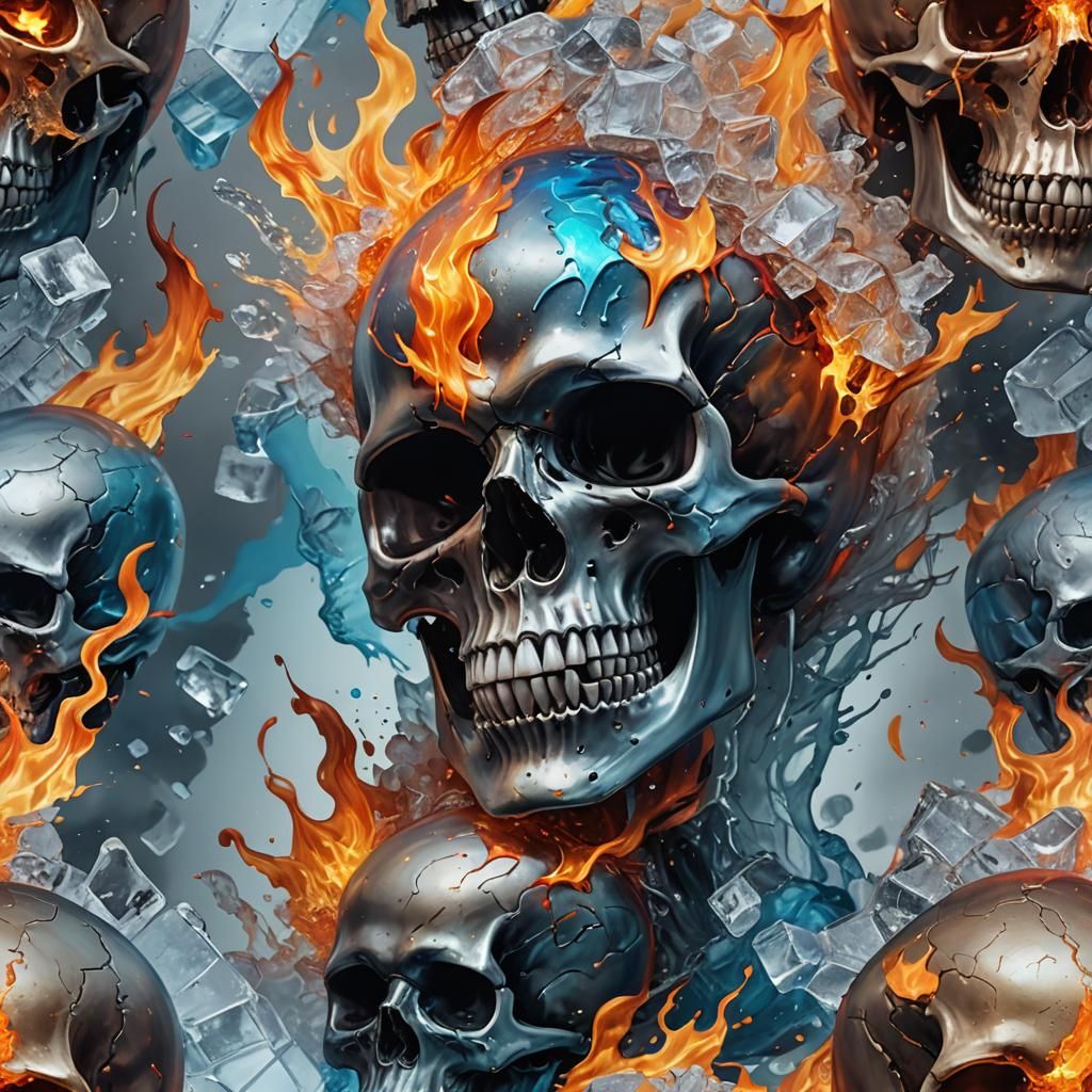 Hyperrealistic Ice and Fire Skull Splash Art