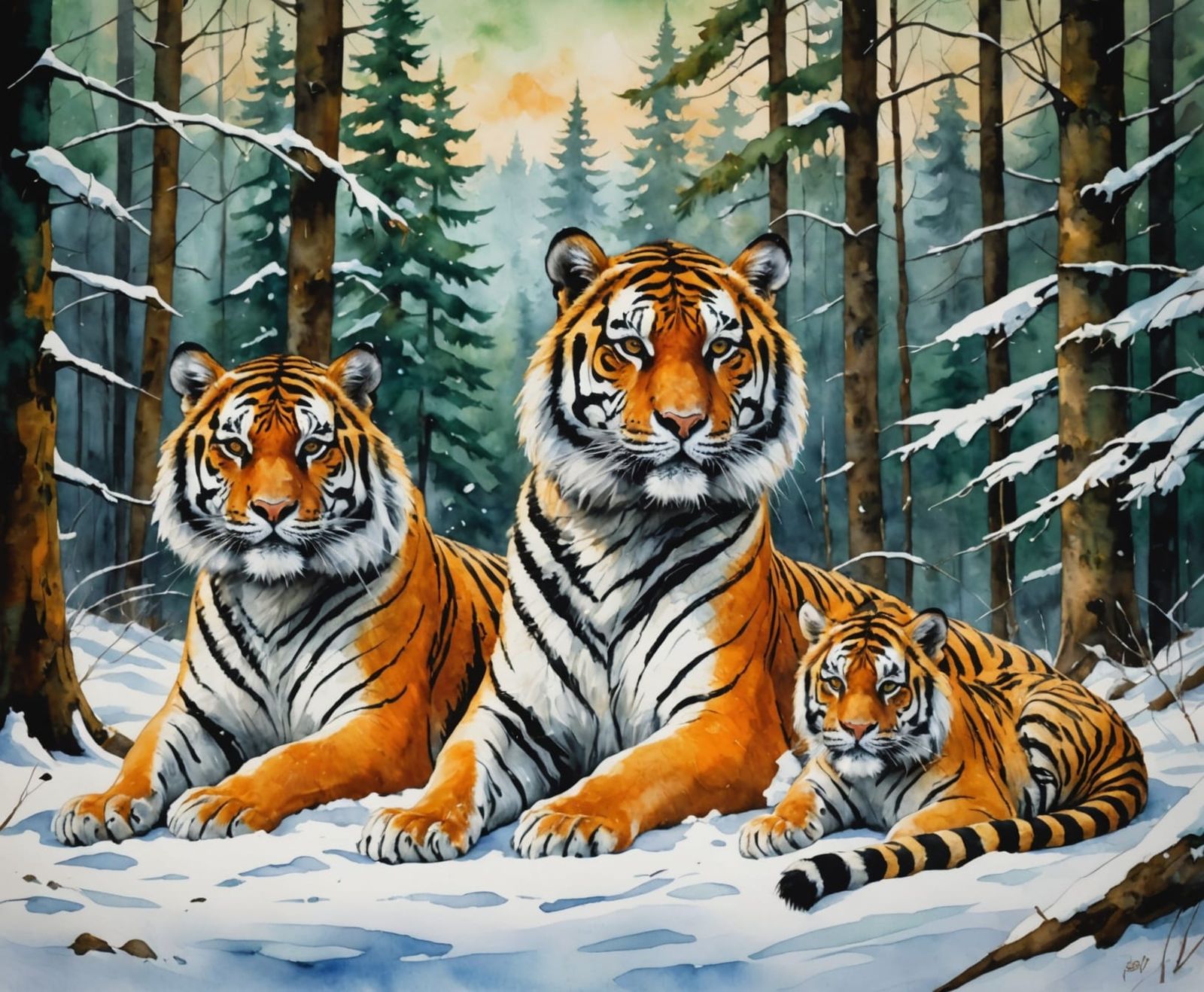 Siberian Tiger Family in a Snowy Forest