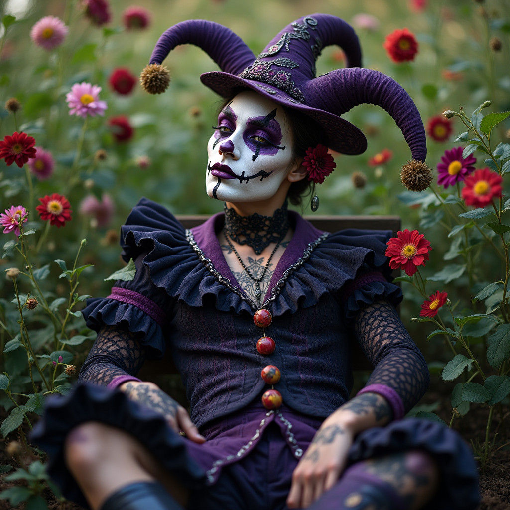Gothic Anime Jester in Decaying Garden