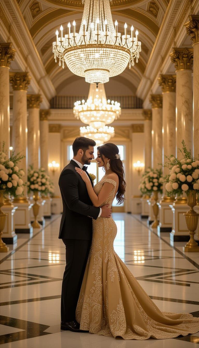 Romantic Embrace in Lavish Ballroom with Bokeh Effect