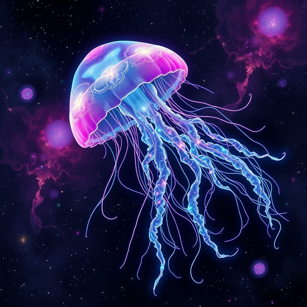 Bioluminescent Jellyfish in Psychedelic Vaporwave Space
