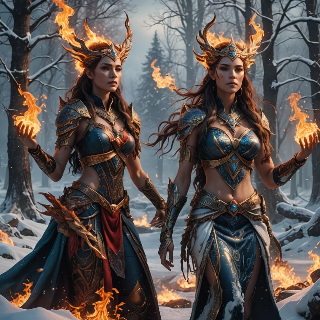 Fire and Winter Goddess Twins in Detailed Painting