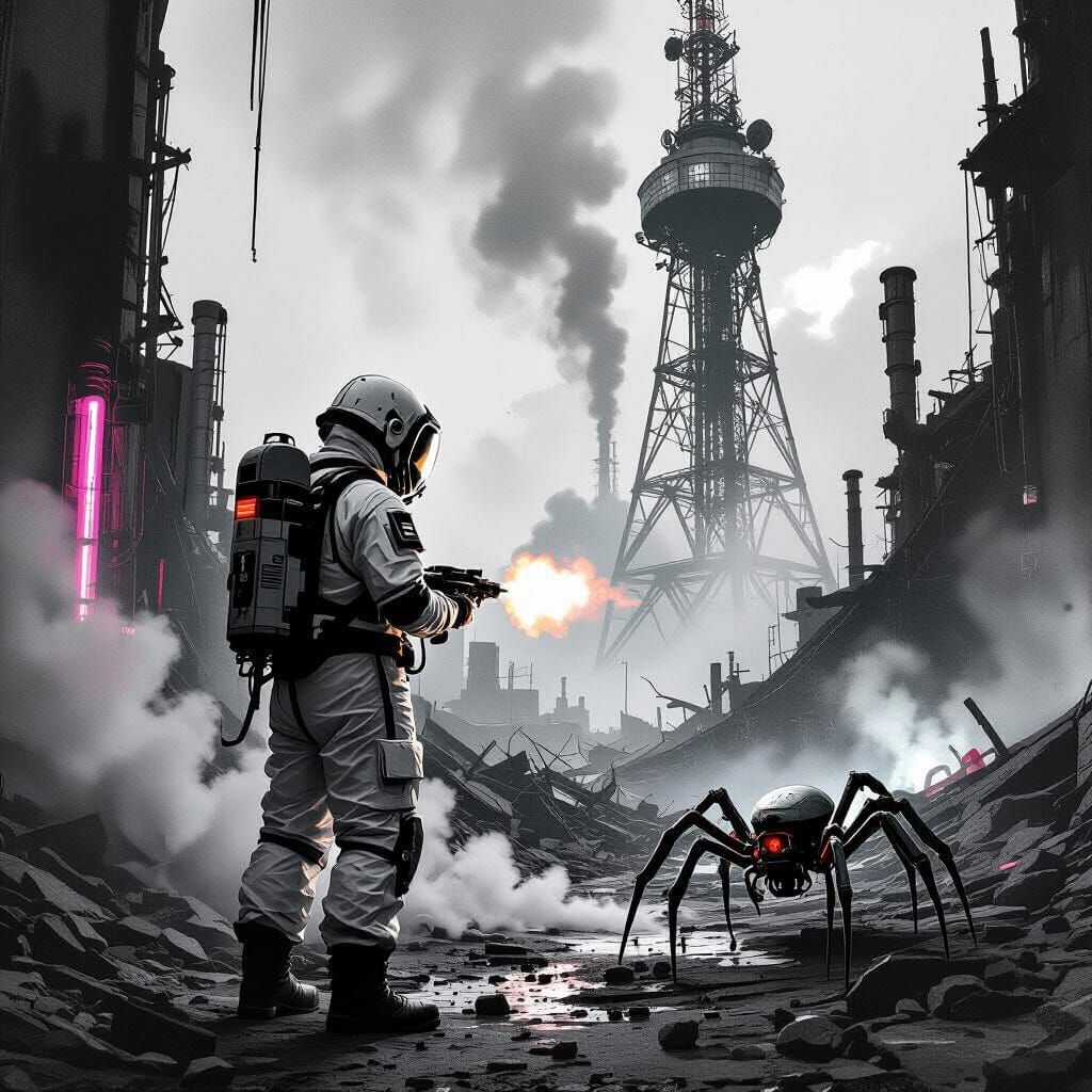 Cyberpunk Nuclear Site in Charcoal Sketch Style