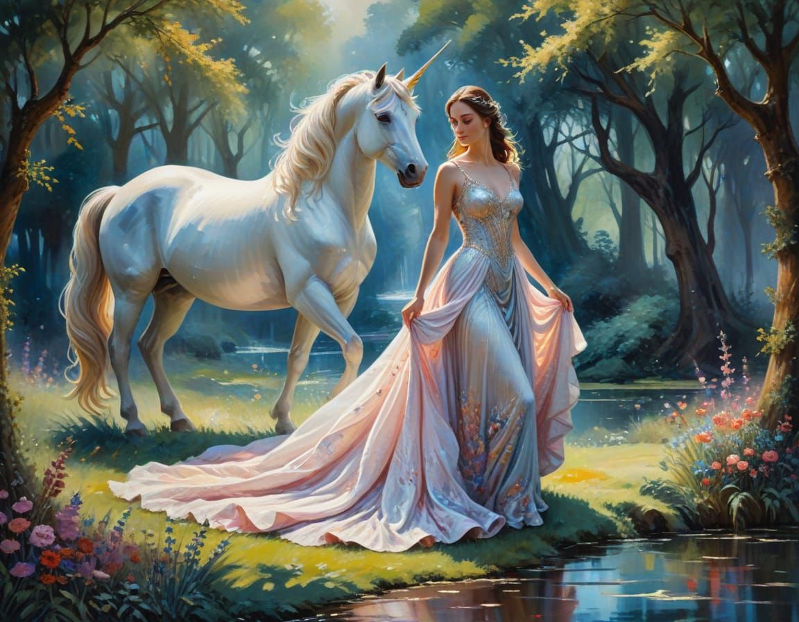 Woman and Unicorn in Gouache Style Masterpiece