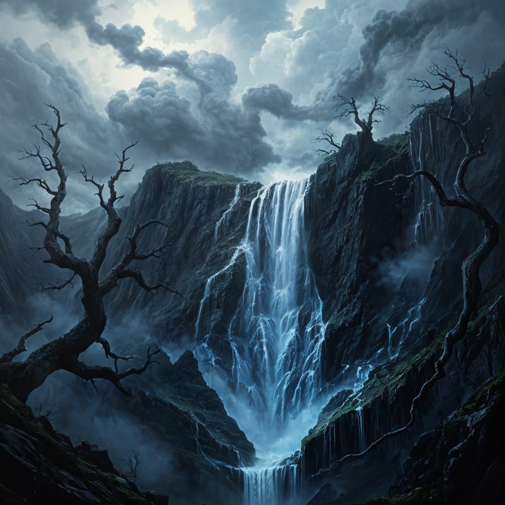 Mysterious Waterfall in Dark Twilight
