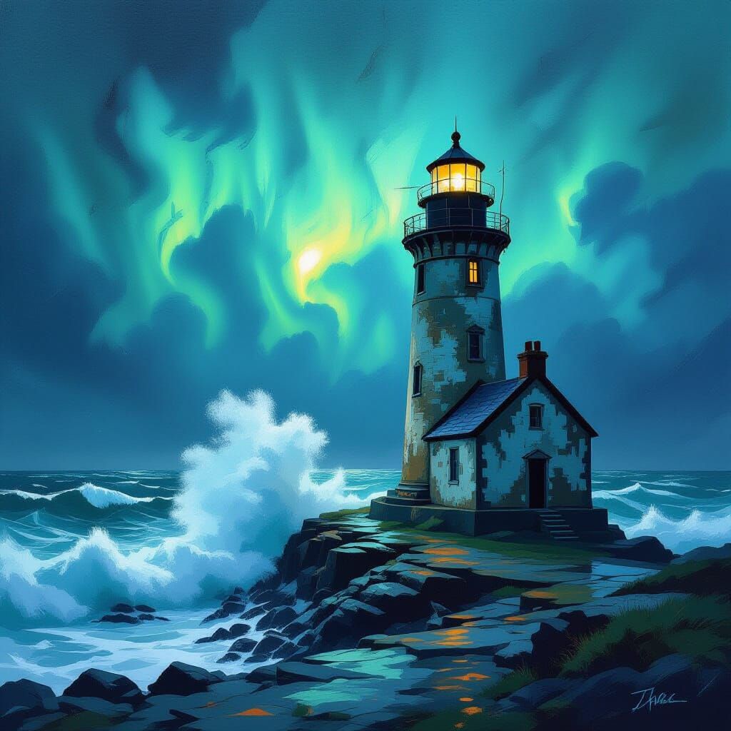 Dramatic Lighthouse Amidst Aurora and Tempestuous Seas