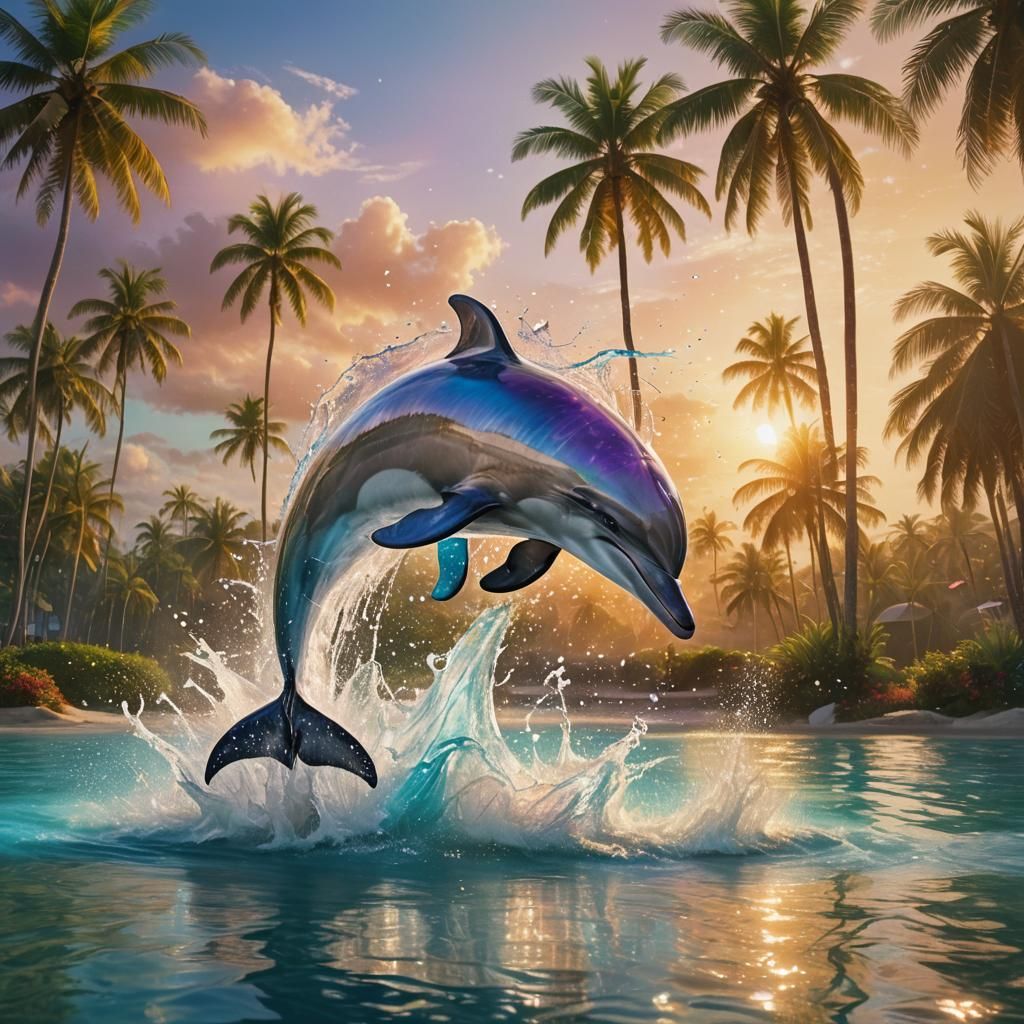 Dolphin Leaps in Tropical Lagoon: Oil Painting