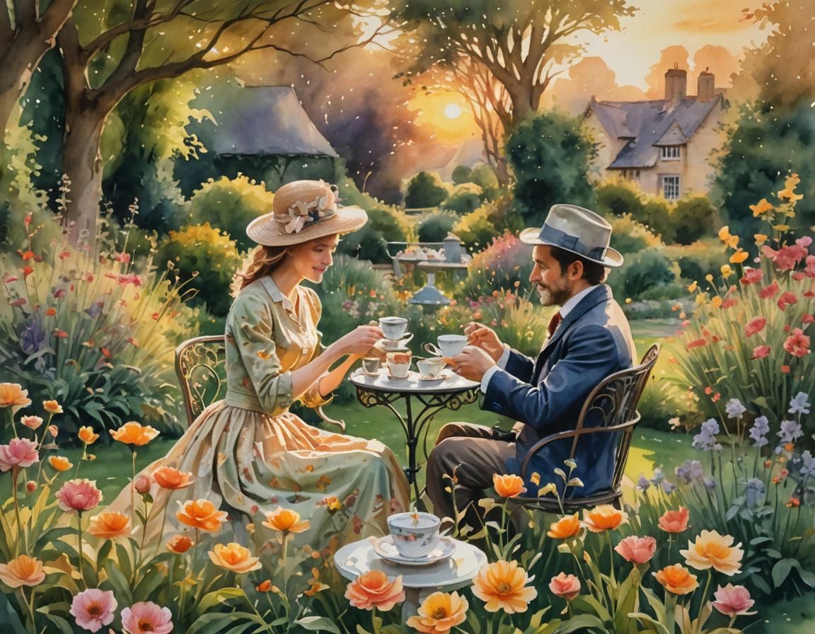 English Garden Tea Party in Watercolor Style