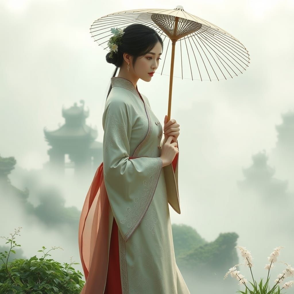 Serene Woman in Traditional Chinese Dress in Dreamy Landscap...