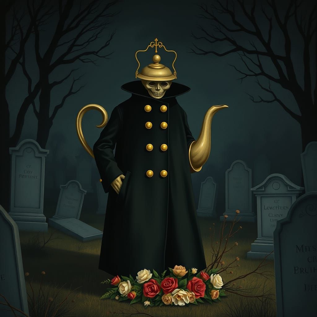 Terrified Teapot in French Coat in Moonlit Cemetery
