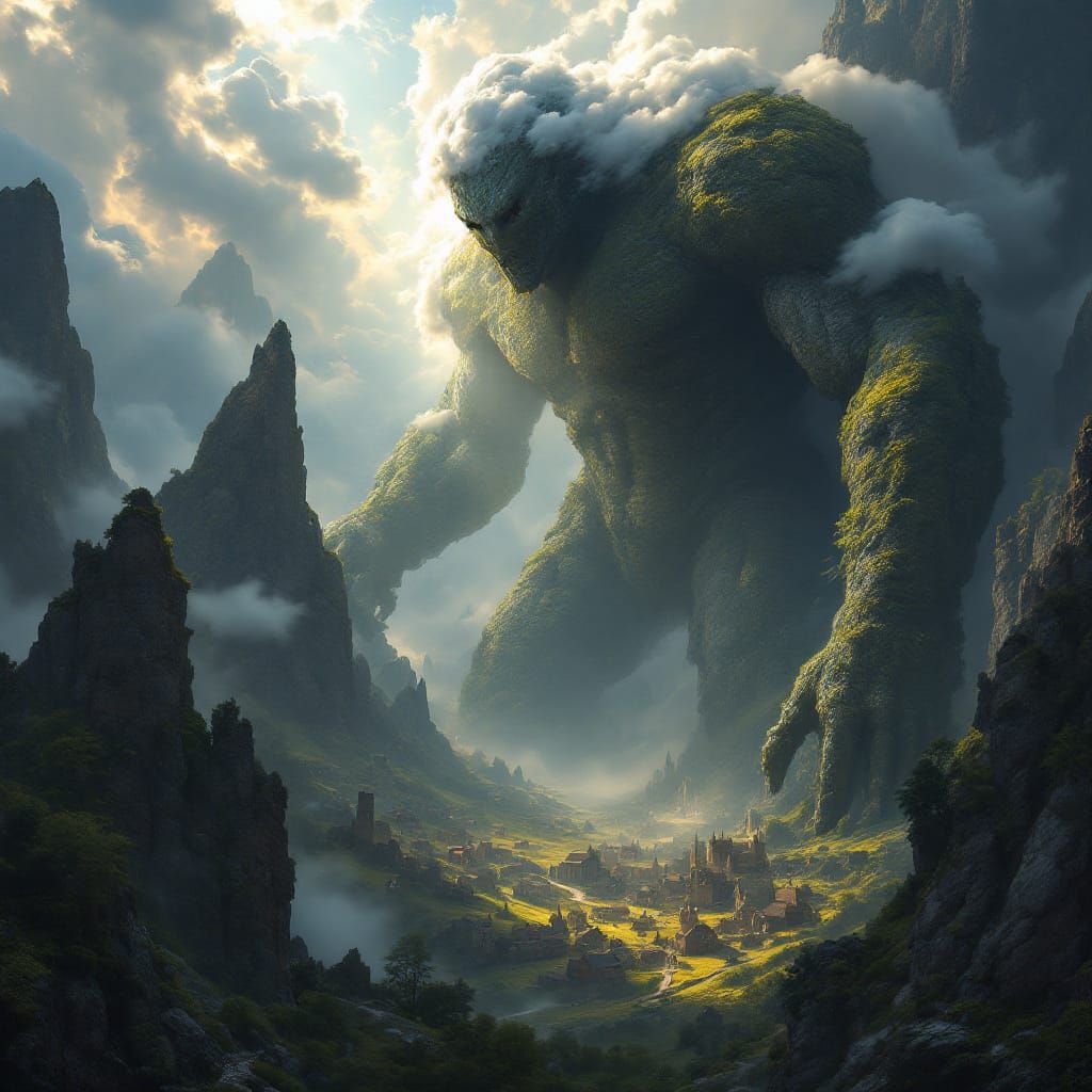 Colossal Rock Titan Strides Through Fantasy Landscape