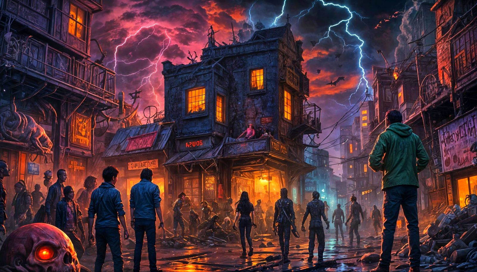 Chaotic Horror Scene with Fantasy Elements