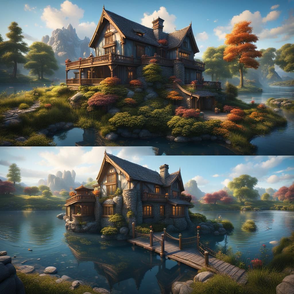 Fantastical Lake House in Detailed Matte Painting